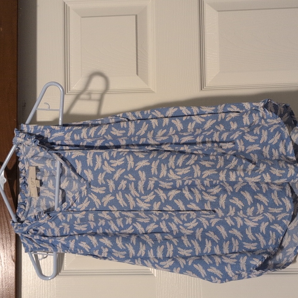 LOFT Blue and Cream Dragonfly Blouse